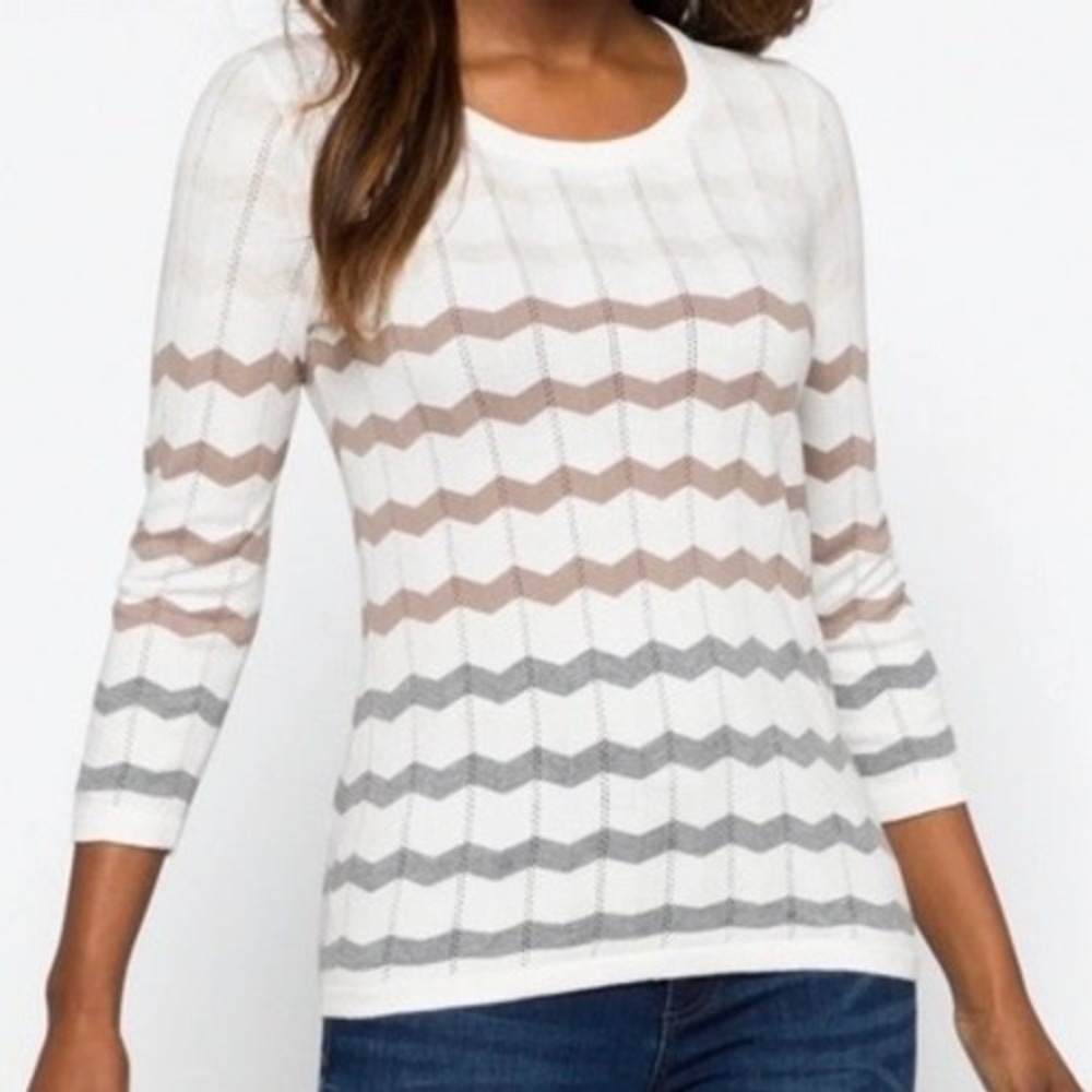 41 Hawthorn Women XL Chevron Zigzag Knit Sweater 3/4 Sleeve Cream Tan Grey XL